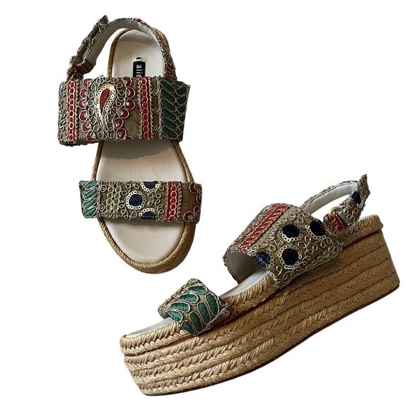 Alice + Olivia Anastasia Sequin Embroidered Jute Platform Sandals Size 35.5 - Picture 1 of 9